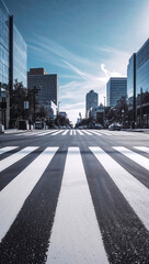 Urban crosswalk amid tall buildings under a clear sky during daytime 
