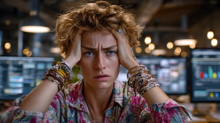 Fototapeta premium Frustrated woman in tech workspace, young professional with messy hair expressing stress in front of multiple screens, copy-space available.