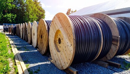 Cables on Wooden Reels Outdoors.