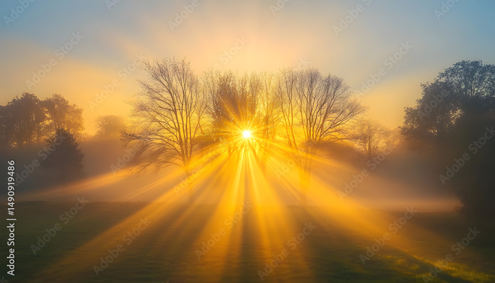 Poster beautiful sun rays breaking through the fog and shining through the trees background design