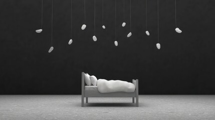 Floating bed in a surreal black void filled with broken threads evokes loneliness and isolation in a dreamlike atmosphere