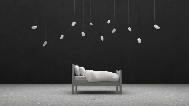Floating bed in a surreal black void filled with broken threads evokes loneliness and isolation in a dreamlike atmosphere