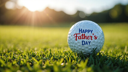 Happy Father's Day Golf Ball on Lush Green Fairway – Perfect for Greeting Cards, Social Media, and Marketing Campaigns    keywords:   golf, Father's Day, celebration, sports, fairway, grass, manicured