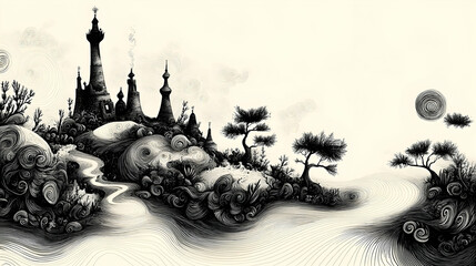 Whimsical illustration of a fantastic landscape featuring a castle and stylized trees, resembling a dreamlike setting