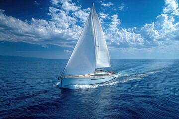 Obraz premium Sailing on calm waters under bright skies with fluffy clouds and a beautiful sailboat cruising along the horizon