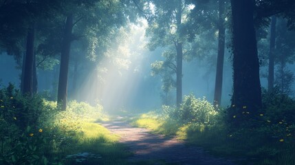 Obraz premium A sunlit forest path, bathed in ethereal light.