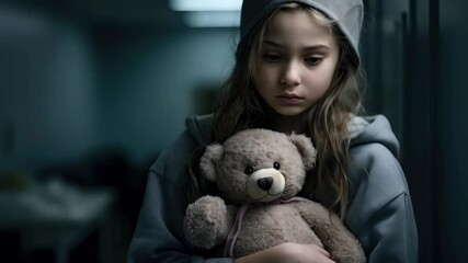 Sad girl hugging teddy bear in dark room. Child abuse awareness. Emotional video for social campaign against domestic violence and neglect.