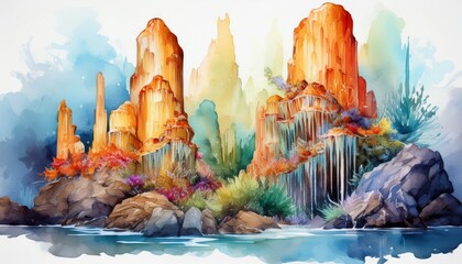stalagmite formations in watercolor style