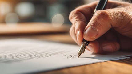 Signing Documents: Hand using a fountain pen to sign a document. Focus on the pen nib and the signature on the paper.
