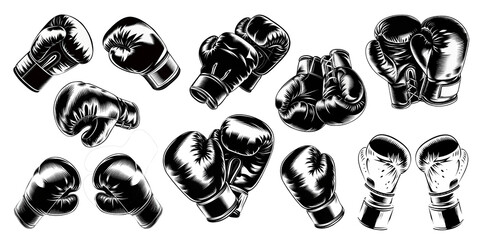 Boxing Gloves Silhouette Png Set, various styles and positions for sports and fitness punching gear boxing set