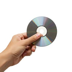 Hand holding a CD or DVD disc on a white background