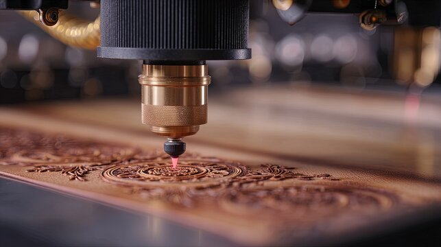  Laser engraving machine working on leather or acrylic in small business studio, close-up of customized product process