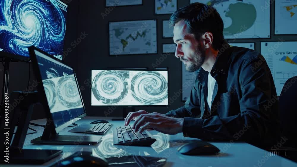 Poster focused analyst examines data on atmospheric patterns for climate insights