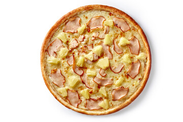Delicious hawaiian pizza with chicken and pineapple on white background