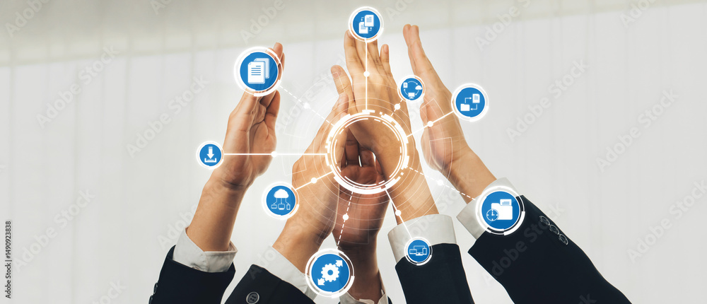Poster a dynamic representation of teamwork and management, showcasing hands in collaboration with digital 