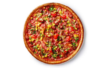Delicious freshly baked pizza with tomatoes, corn, sausage, and ham on white background