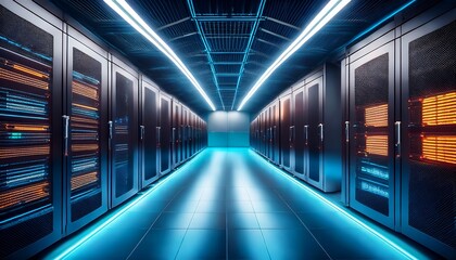 Fototapeta premium futuristic data center with illuminated server racks showcasing advanced technology and vibrant lights