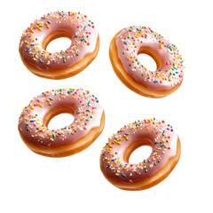 Three pink doughnuts with sprinkles flying in the air isolated on a transparent background Png file format