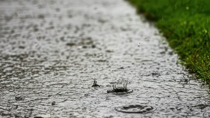 Close up raindrops splashing in puddle with green grass around rain wallpaper 4k | rain aesthetic wallpaper 4k | rain frog | rain news weather report monsoon