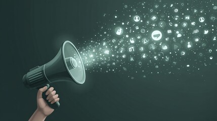 Communicating through a megaphone spreading social media messages. Hand holding megaphone. Social media buzz generated by shout out to audience.