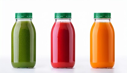 plastic bottles of red green and orange smoothies on the white background