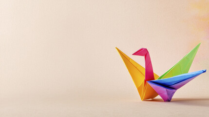 Colorful origami cranes in vibrant hues of yellow, pink, green, and blue create joyful and artistic display against soft background