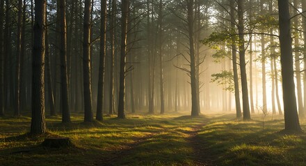 Fototapeta premium Golden morning mist forest