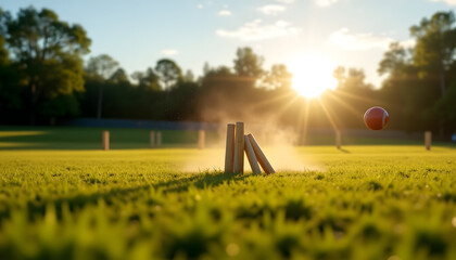 Cricket stumps flying off ground after ball impact in sunlit field  