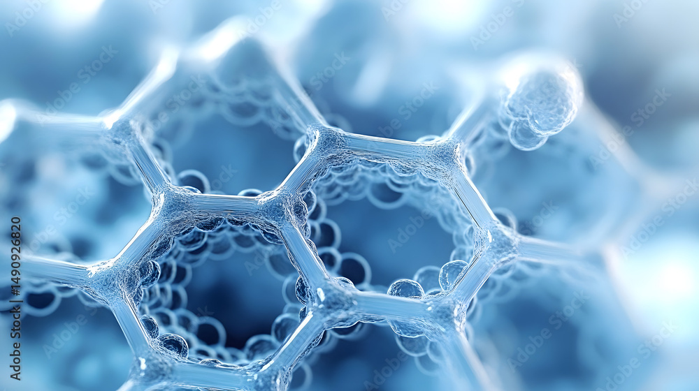 Poster abstract hexagonal network structure, rendered in cool blue tones, resembling a complex molecular mo