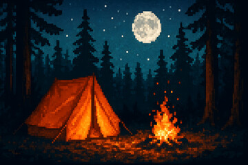 8-Bit Pixel Moonlit Campsite With Tent and Campfire