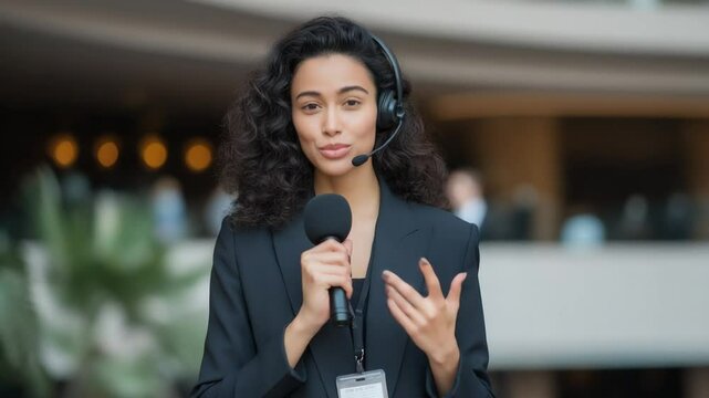 Professional interpreter facilitating seamless multilingual communication at an international conference.
