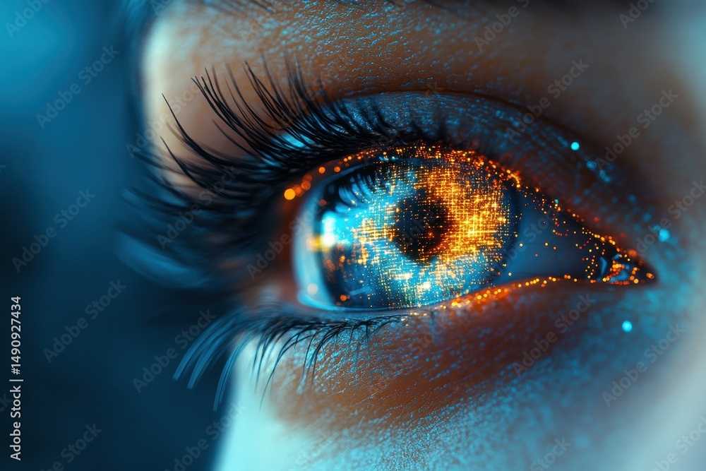 Poster close-up of a futuristic eye displaying glowing digital elements in intricate patterns and colors