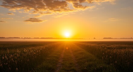 Golden sunrise path through field