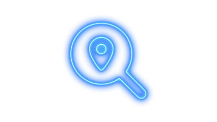 Neon Search Icon with Location Pin, Neon magnifying glass location icon glow with transparent background