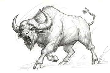 Pencil drawing of angry, fierce and fierce buffalo, side view, white background