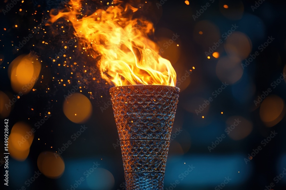 Poster vibrant flame flickers from an artistic torch against a dark background during an evening event