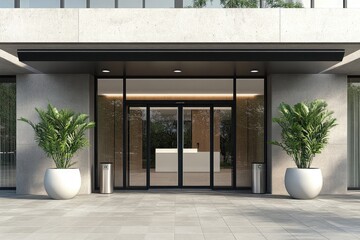 Modern Building Entrance with Automatic Doors and Potted Plants in White Pots