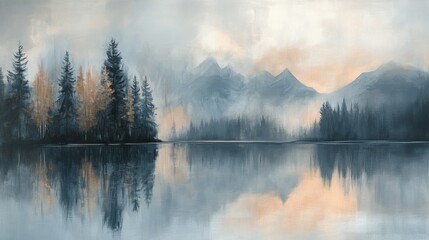 Fototapeta premium Peaceful mountain lake scene painted in muted tones.