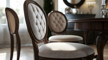 Elegant, ornate dining chairs arranged around a table.