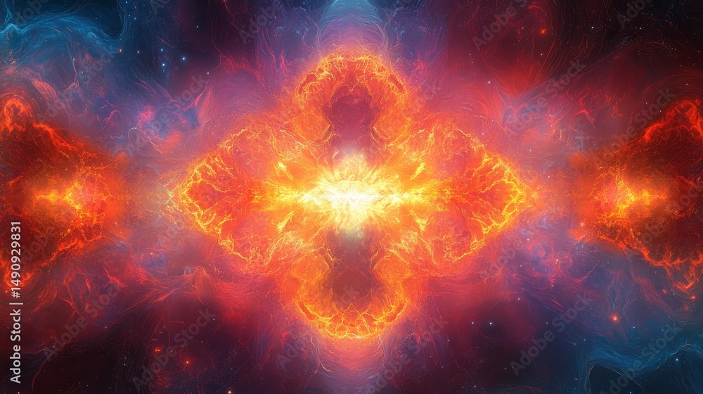 Poster abstract digital artwork featuring symmetrical patterns of fiery colors.