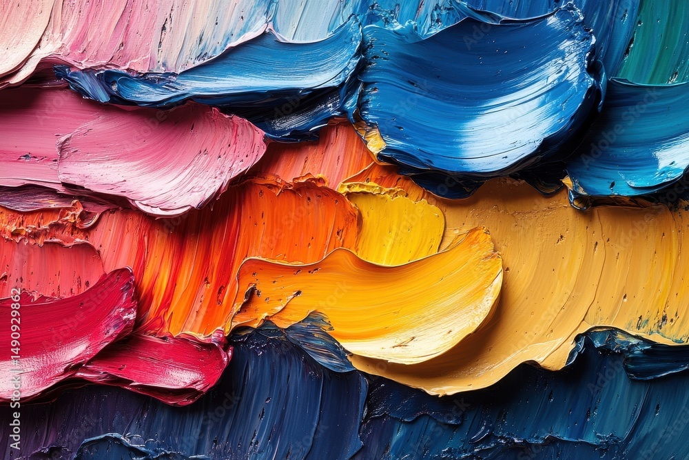 Poster vibrant layers of colorful paint create dynamic texture and depth on a canvas surface in a creative 