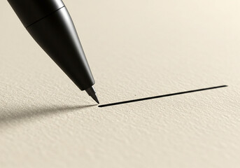 Black pen writing a straight line on a textured paper, close up. Concept of writing, drawing.
