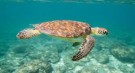 Fototapeta premium Graceful sea turtle with a uniquely patterned shell and spotted features swims peacefully above a rocky ocean floor in clear turquoise water.