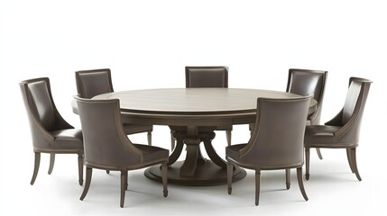 Large, round dining table with matching chairs.