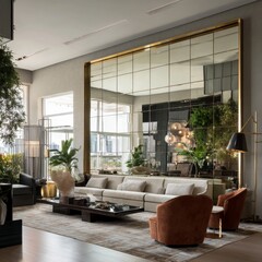 Fototapeta premium Modern living room with large mirror wall
