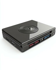 Obraz premium A realistic mockup of a branded external DVD drive on a white background