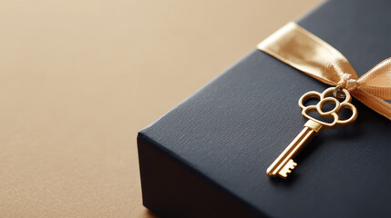 golden key rests elegantly on gift box adorned with ribbon, symbolizing unlocking of potential and joy