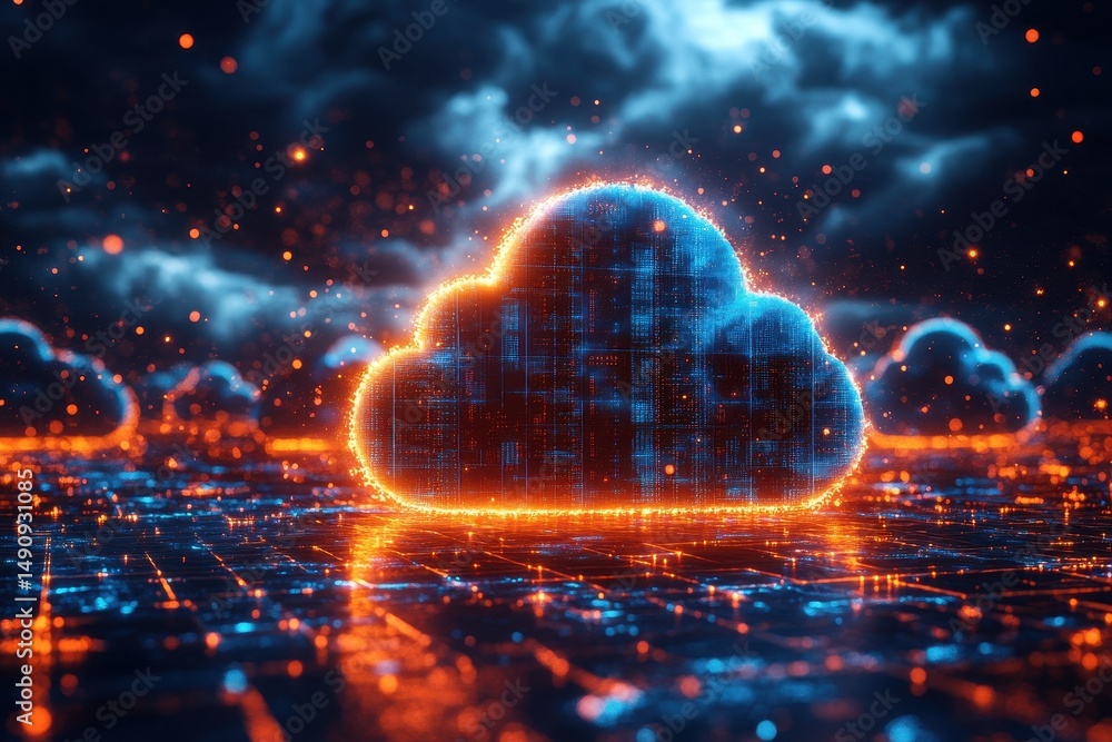 Poster digital cloud technology representation with glowing effects and abstract background in a futuristic
