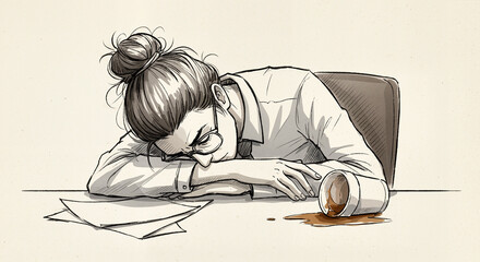 Exhausted female office worker sleeping at desk for blogs, education, mental health awareness, presentations, and burnout prevention materials