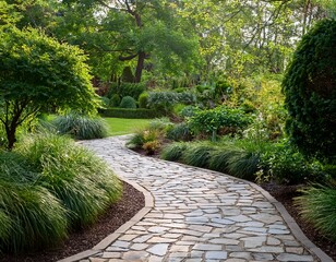 Obraz premium stone pathway winding through garden lush foliage garden spring